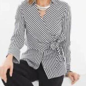 Chico's Black Label Wrap Shirt Black & White Stripe Size 2 Cotton Blend